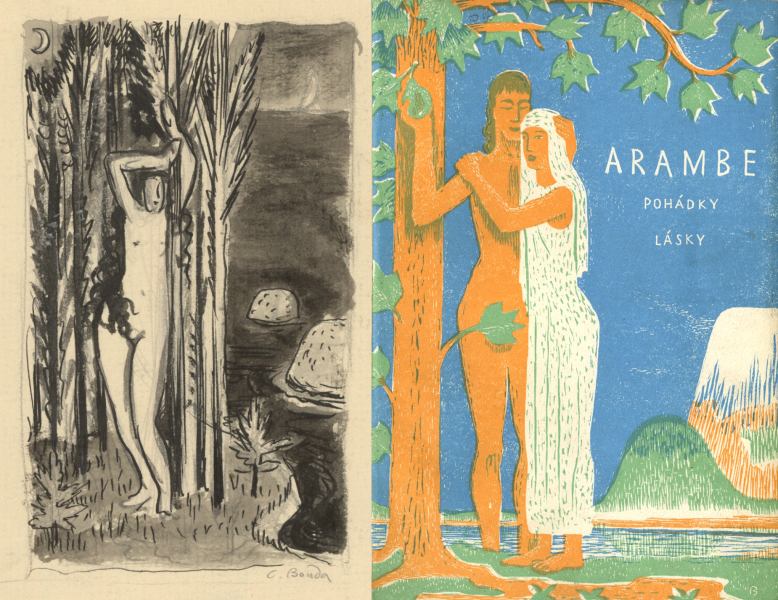 Studie a finální barevný soutisk ze tří desek. Obálka ke knize Arambe: pohádky lásky (cyril Bouda, 1926)
