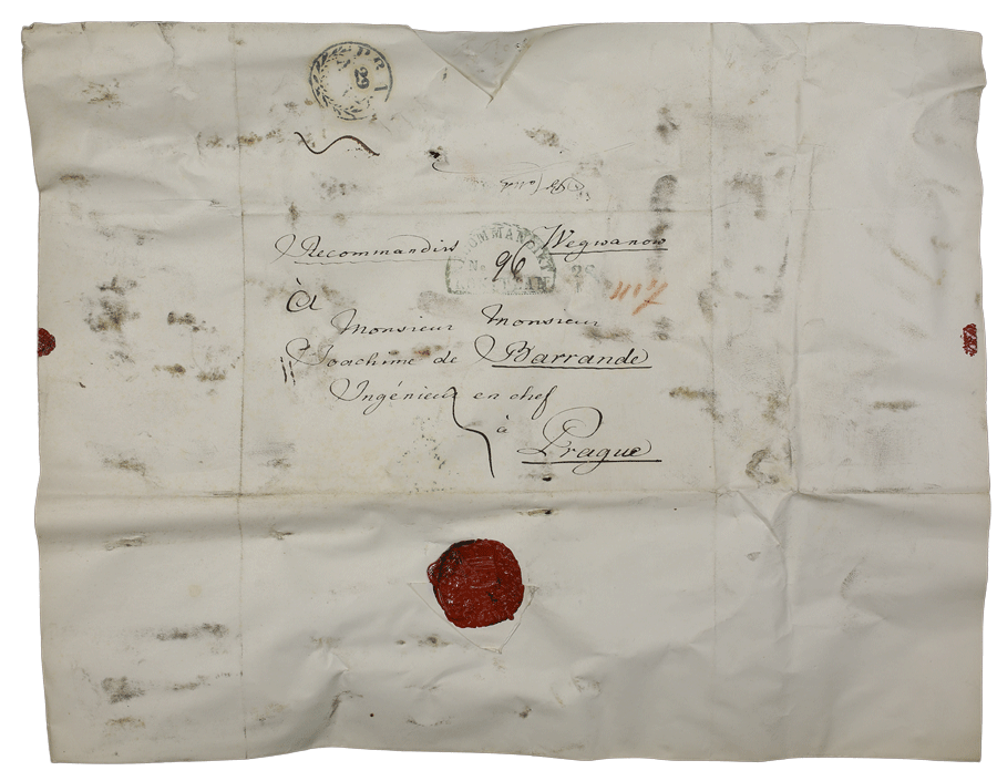 Vnější strana jednoho z objevených dopisů. Odesláno rekomandem Joachimu Barrandovi 28. listopadu 1841 přes Rakovník z Vejvanova