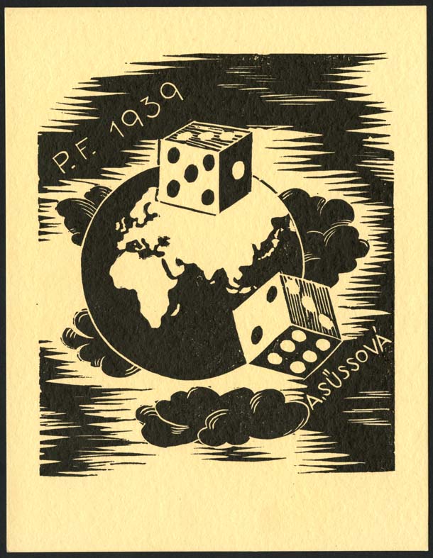 Exlibris s válečnou tématikou. Novoročenka pro rok 1939. Nezjištěný autor, dřevoryt z roku 1938.