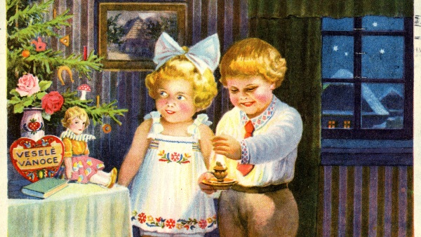 Barevná vánoční pohlednice: Akad. mal. A. Brodský. Vyobrazen chlapec a dívka v místnosti s vánočním stromkem a dárky. Kolem roku 1930 (zdroj: Knihovna Národního muzea)