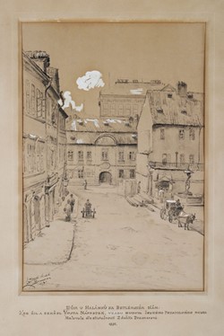 Zdenka Braunerová: Dům U Halánků na Betlémském náměstí. Vpravo jej zčásti zastiňuje Fukův dům (zdroj: Národní muzeum)