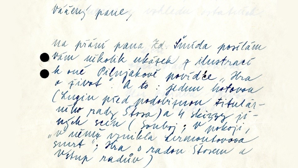 Úryvek z dopisu Stanislava Kolíbala nakladateli Vilému Šmidtovi z roku 1945. Zdroj: Národní muzeum