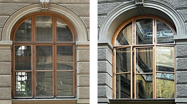 Okno před a po repasi (okno do vnitřního dvora)