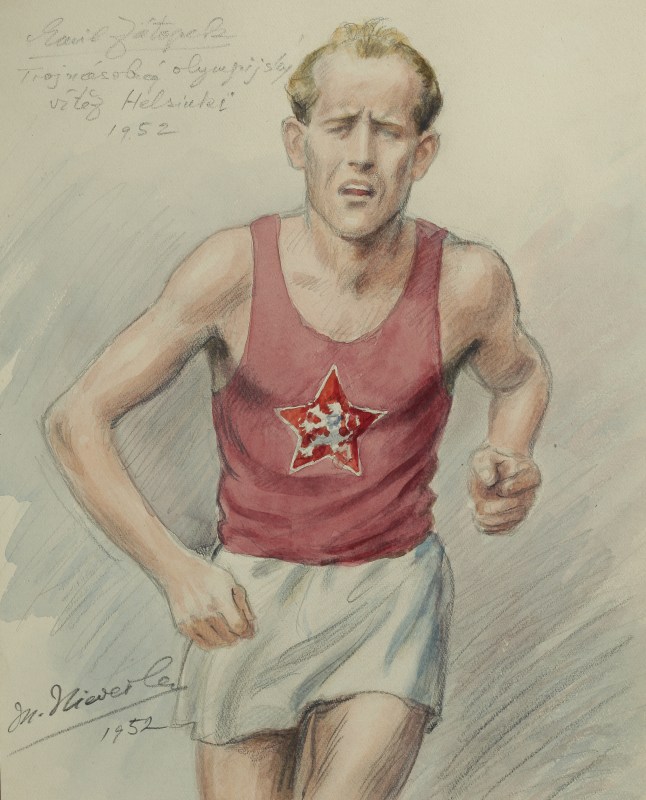 Emil Zátopek – trojnásobný olympijský vítěz, Helsinki 1952, Marcel Niederle/akvarel/ 1952