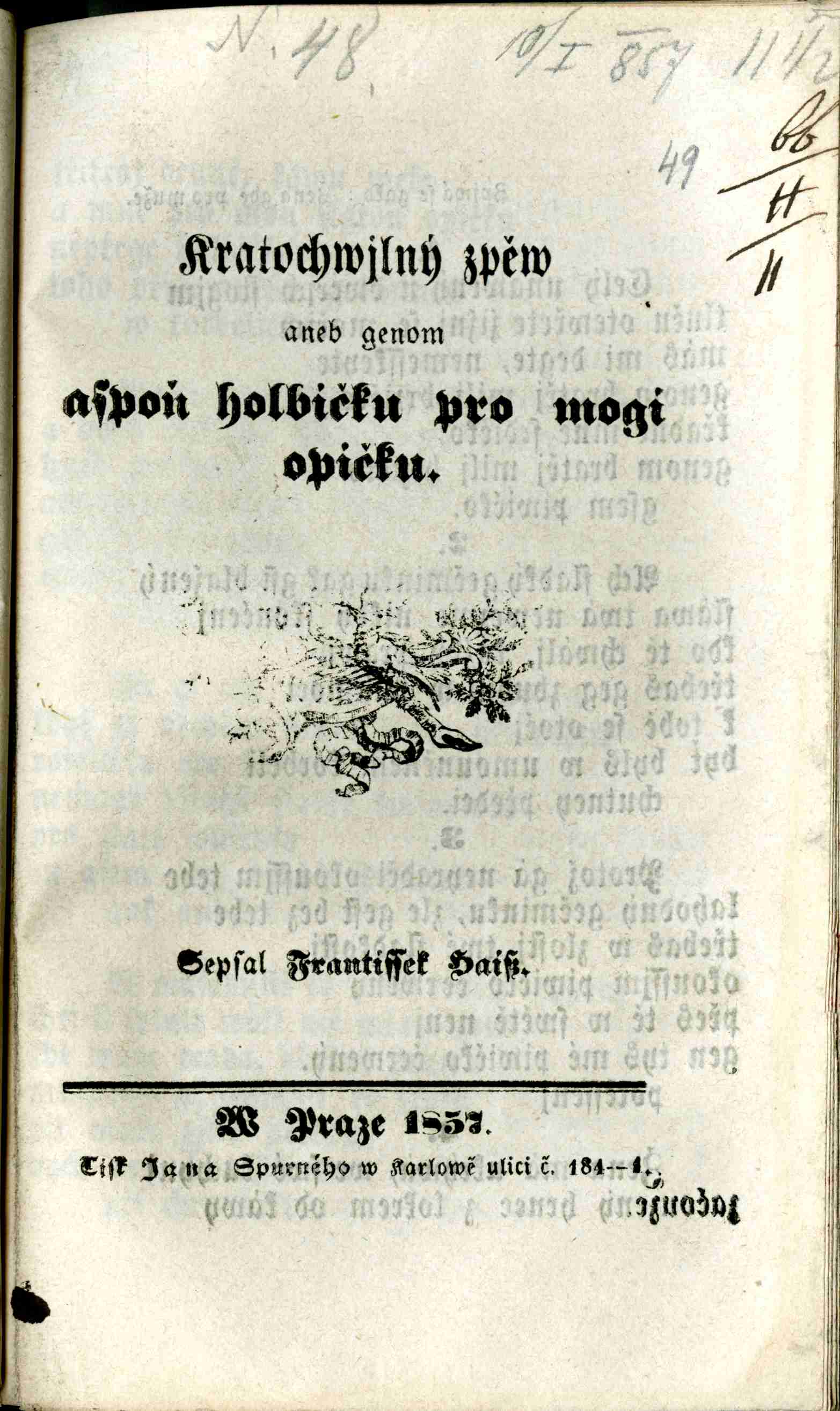 Kratochvilný zpěv aneb jenom  aspoň holbičku pro moji opičku (titulní list). Zdroj: Knihovna Národního muzea