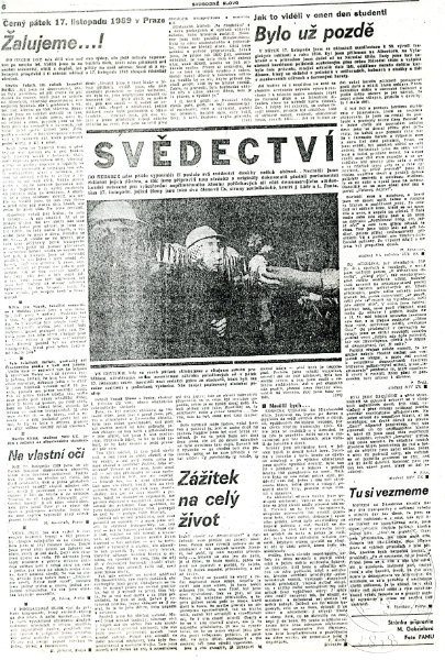 Svědectví o událostech 17. listopadu vyšlo vzápětí ve Svobodném slovu (zdroj: Národní muzeum - Europeana 1989)