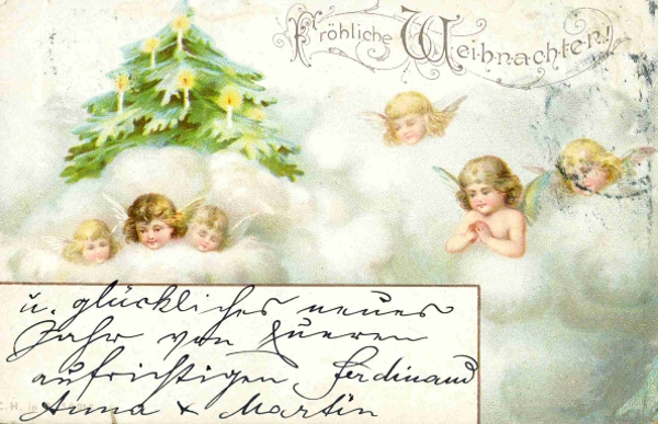 Barevná vánoční pohlednice: Fröhliche Weihnachten! Andílci, vánoční strom, před r. 1900 (zdroj: Národní muzeum)
