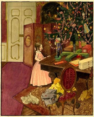 Dívka stojící u vánočního stromku s dárky,  ilustrace Artuše Scheinera (zdroj: Národní muzeum)