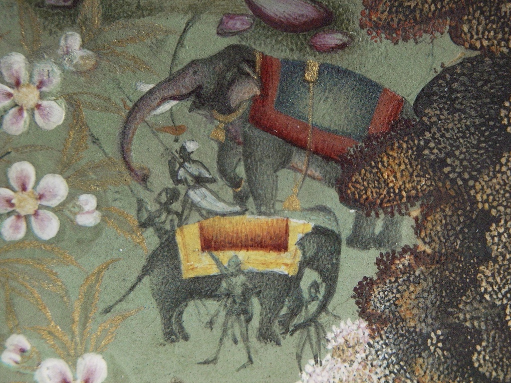 Detail. Detail miniatury A12182 s vyobrazením sultánových slonů Atíše Chána a Čančaly. Zdroj: Národní muzeum