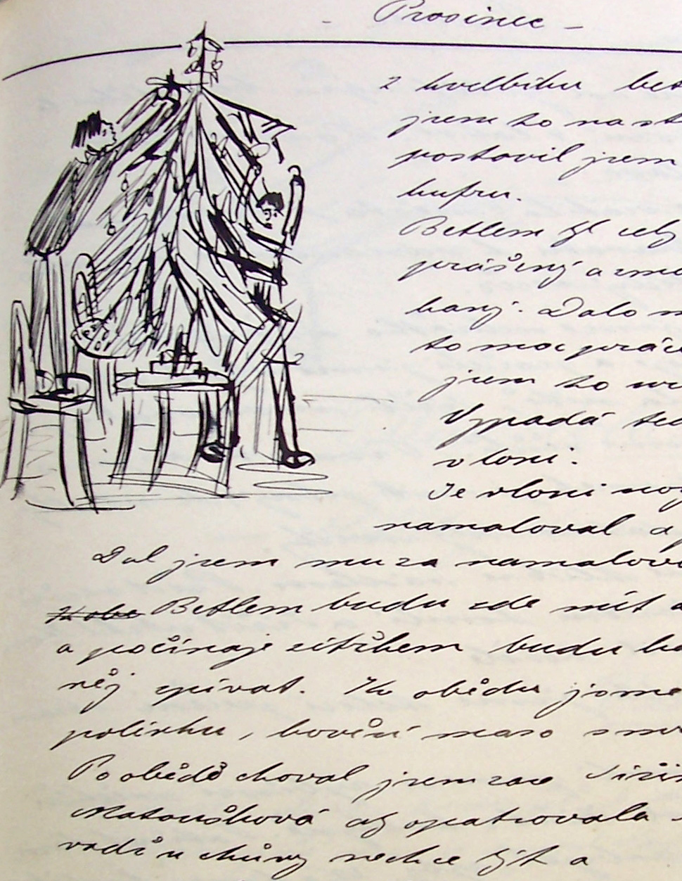 Stránka z deníku Joe Hlouchy s ilustracemi jeho bratra Karla Hlouchy – nahoře: zdobení stromečku. Zdroj: Národní muzeum