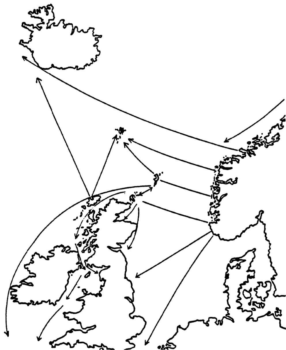 Vikinské obchodní trasy v severním Atlantiku (zdroj: Steffen Stummann Hansen:  Aspects of Viking-Age Society in Shetland and the Faroe Islands. In: D. Waugh (ed.): Shetland's Northern Links: Language and History. Lerwick (: The Scottish Society for Northern Studies), 1996, s 118.)