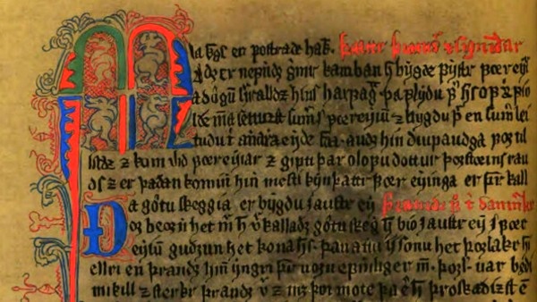 Titulní strana Ságy o Faeřanech (zdroj: http://heimskringla.no/images/1/1b/Færeyinga_saga_manuskript.jpg)