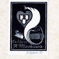 Autor Anna Macková. Exlibris A. Macková. Pták stojící na knize. Dřevoryt, 1915.