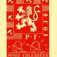 Novoročenka. Dvouocasý heraldický lev nesoucí štítek se znakem Slovenska, okolo siluety letadel, v dolní části dvě hlavy vojáků. P.F. 1934 JOSEF CHLEBEČEK