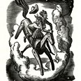 Grafický list z cyklu Don Quijote. Novotisk tištěný z původního dřevorytového štočku z roku 1941. Cyklus vydal u příležitosti 100. výročí narození Petra Dillingera v roce 1999 Ivan Dillinger v padesáti výtiscích.